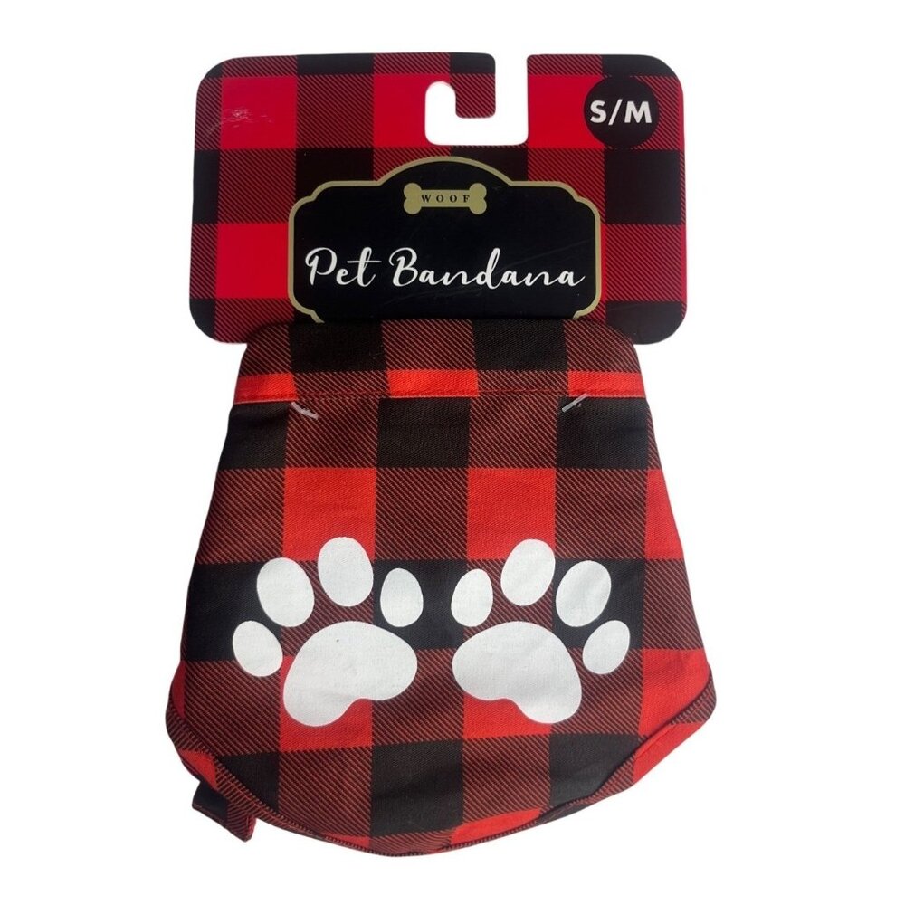 Buffalo Plaid Pet Bandana S/M Red Black Paw Print By Woof Adjustable Cotton